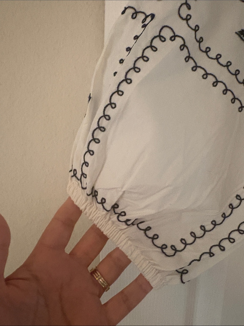 LOFT Cream Blouse with Navy Embroidered Sleeves - Picture 8 of 14